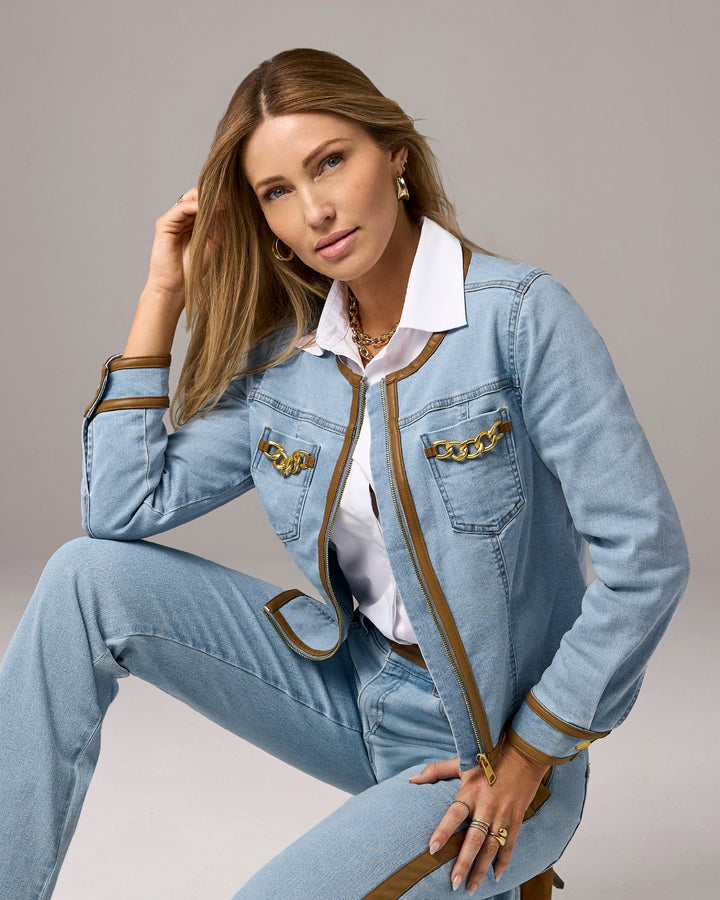 Faux Leather and Chain Trimmed Zip Front Denim Jacket Medium Wash