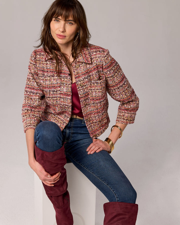 3/4 Sleeve Bomber Tweed Jacket with Novelty Buttons Purple Multi