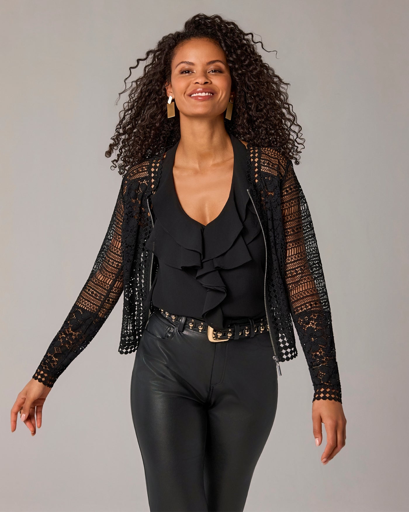 Zip Up Mixed Lace Lady Jacket Black