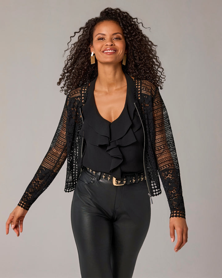 Zip Up Mixed Lace Lady Jacket Black