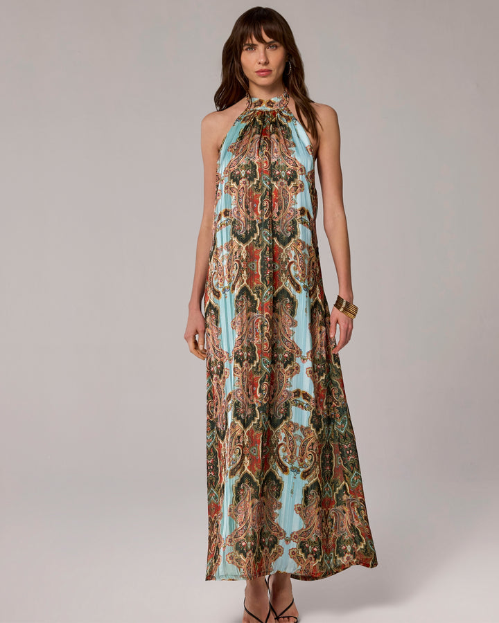 Printed Halter Maxi Dress Bohemian Scroll