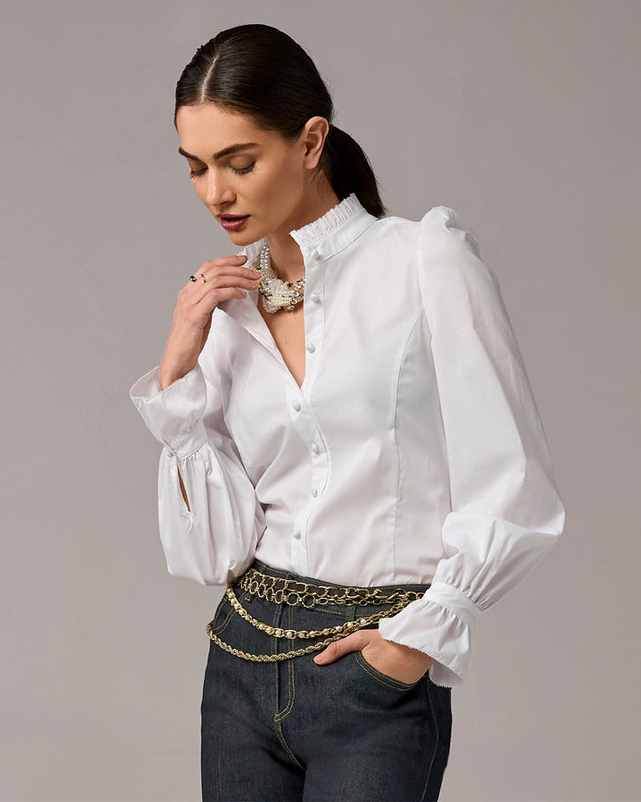 Poplin Ruffle Neck Balloon Sleeve Blouse Pure White