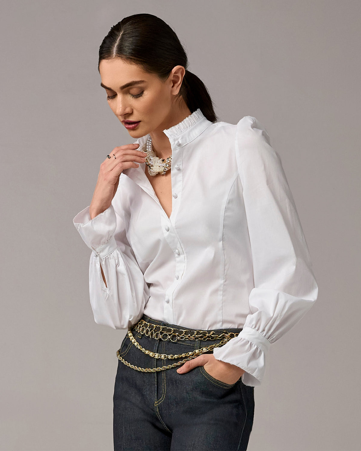 Poplin Ruffle Neck Balloon Sleeve Blouse Pure White