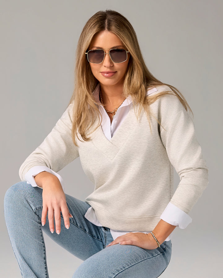Luxe Lounge Drop Shoulder V Neck Top Light Heather Gray