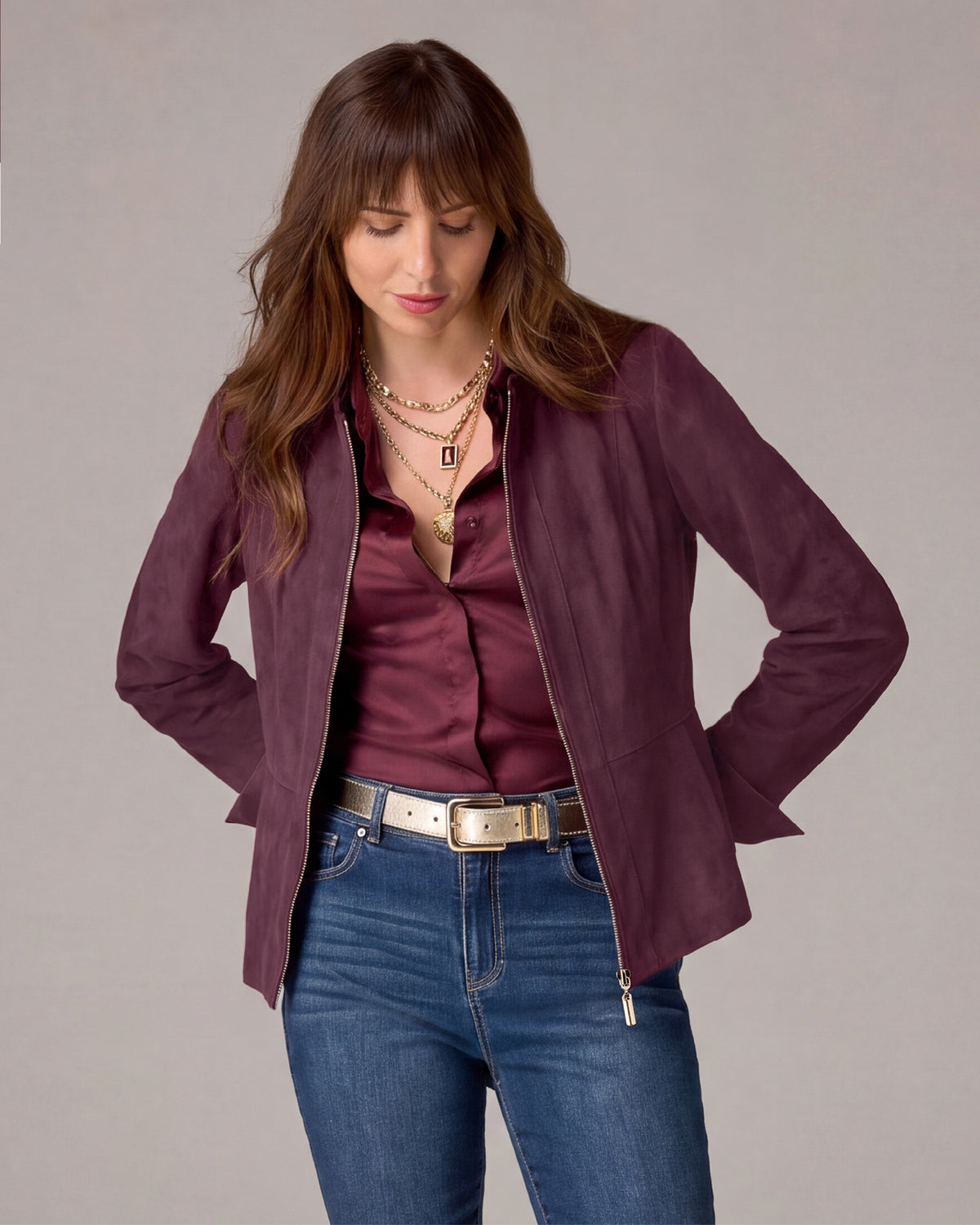 Faux Suede Zip Up Jacket Mauve Wine