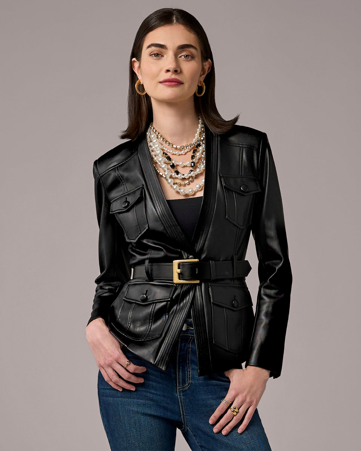 Belted Faux Leather Cut Away Utility Jacket Black