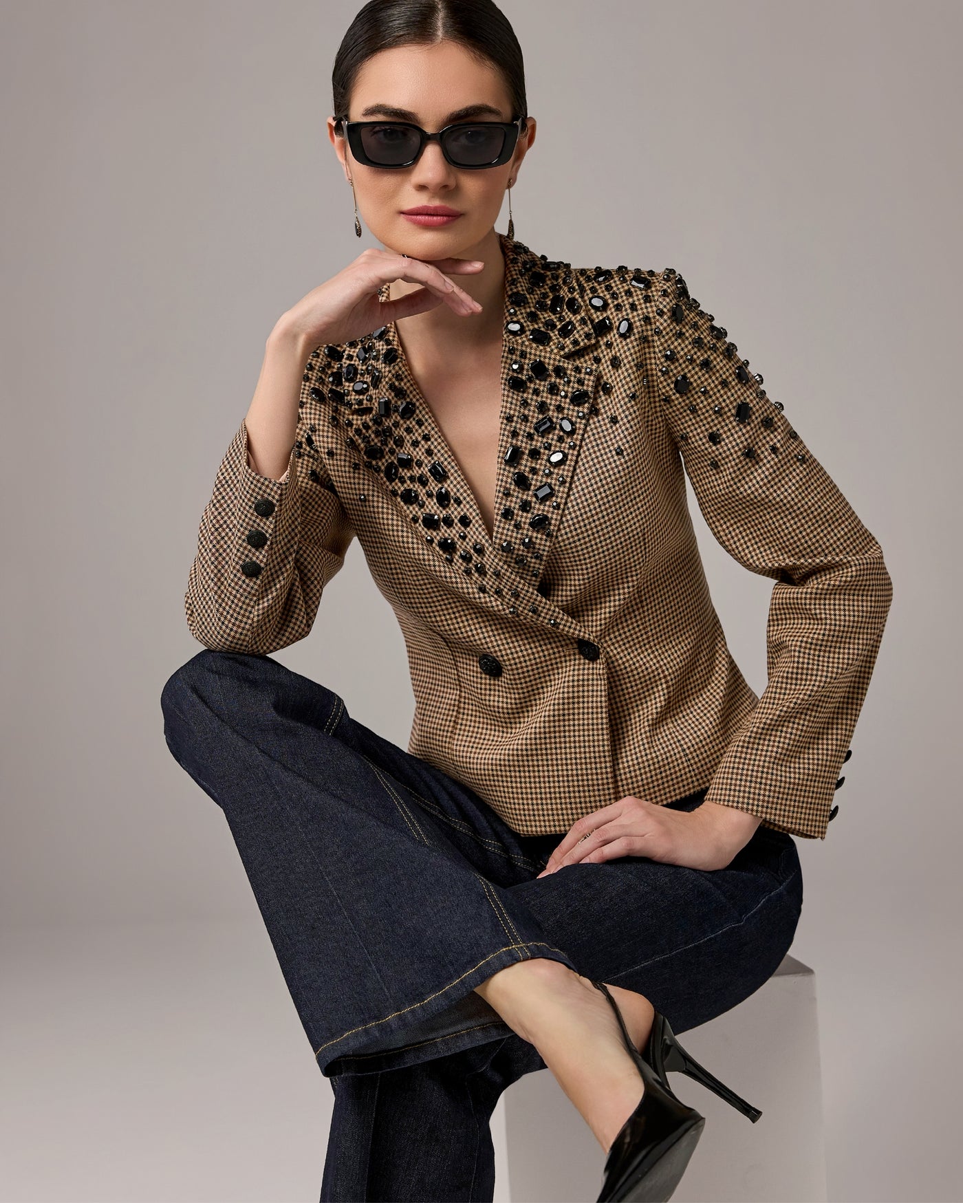Meet and Greet Blazer with Rhinestone Embellishment Check Yourself