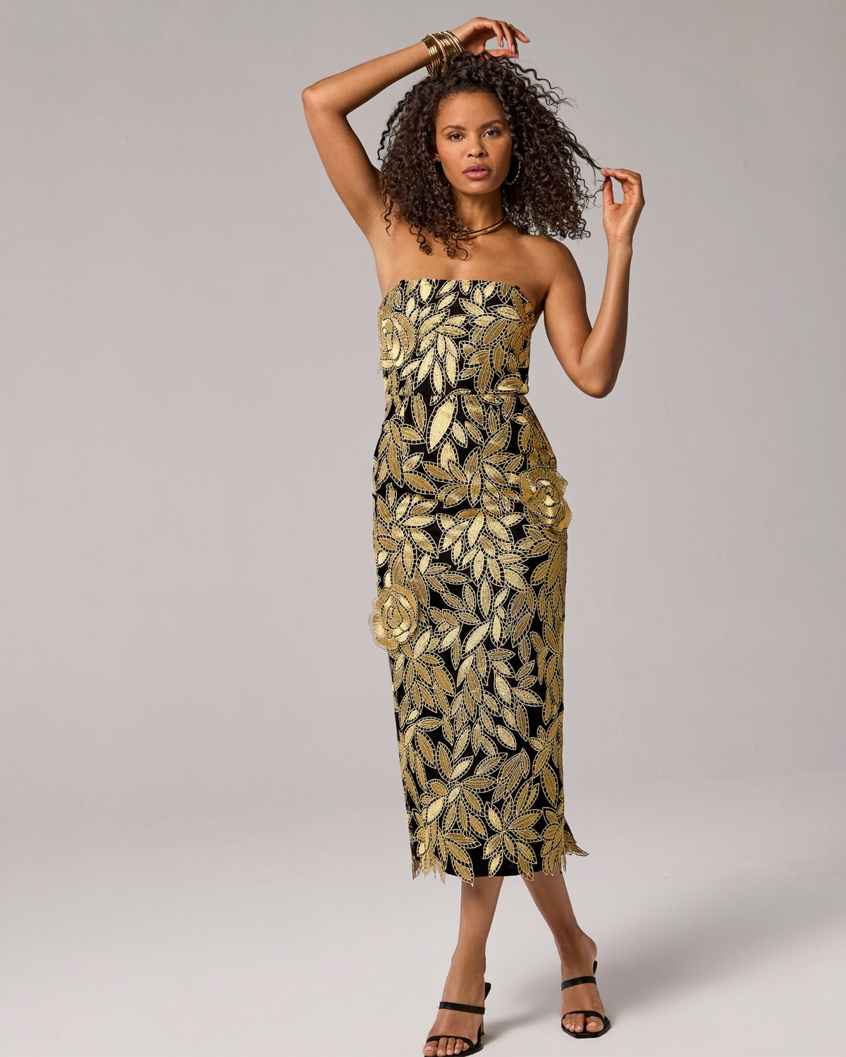 Strapless Gold Rose Eyelet Midi Dress Black/Gold