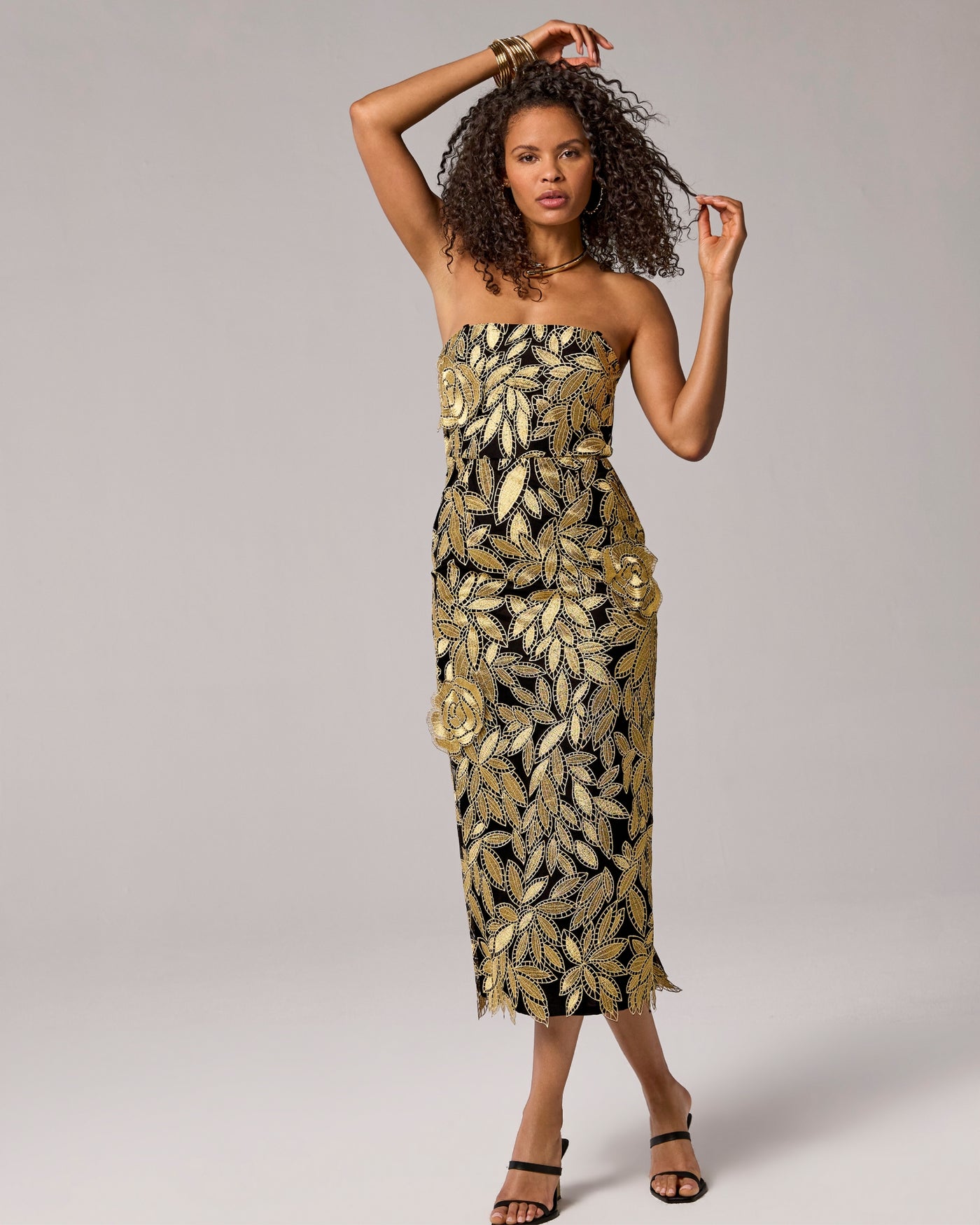 Strapless Gold Rose Eyelet Midi Dress Black/Gold