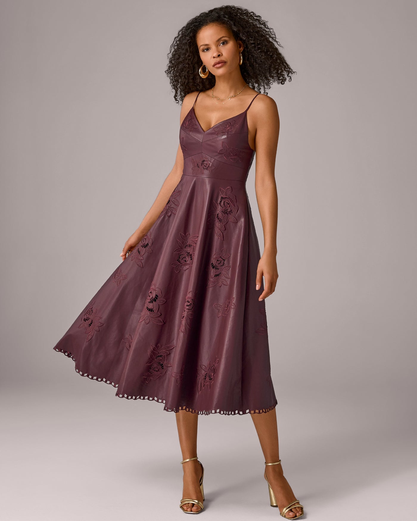 Faux Leather Floral Cut Out Fit and Flare Dress Mauve Wine