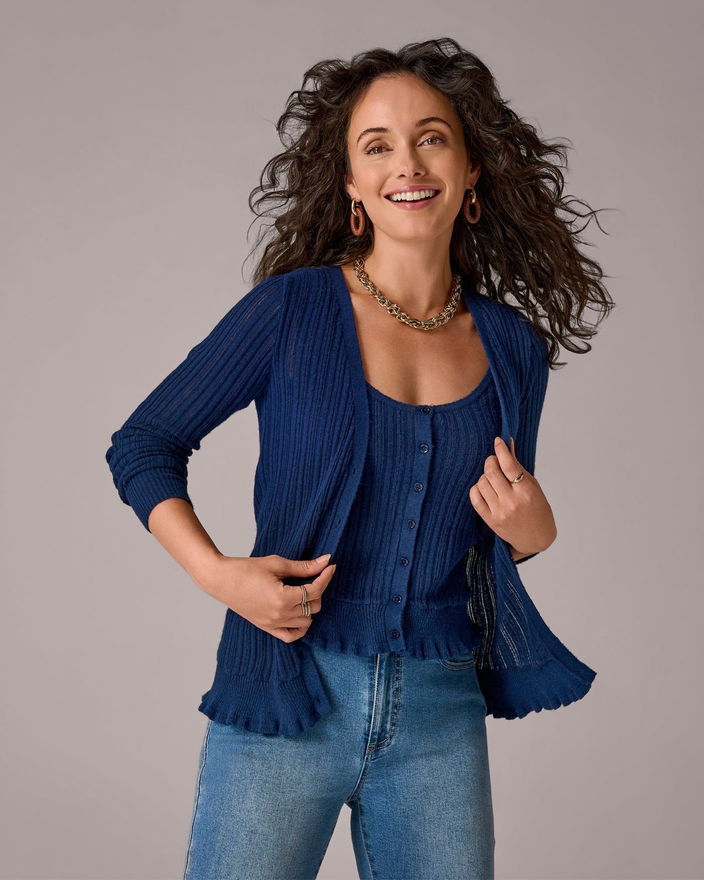 Pointelle Stitch Button Front Cardigan Sweater Set Navy