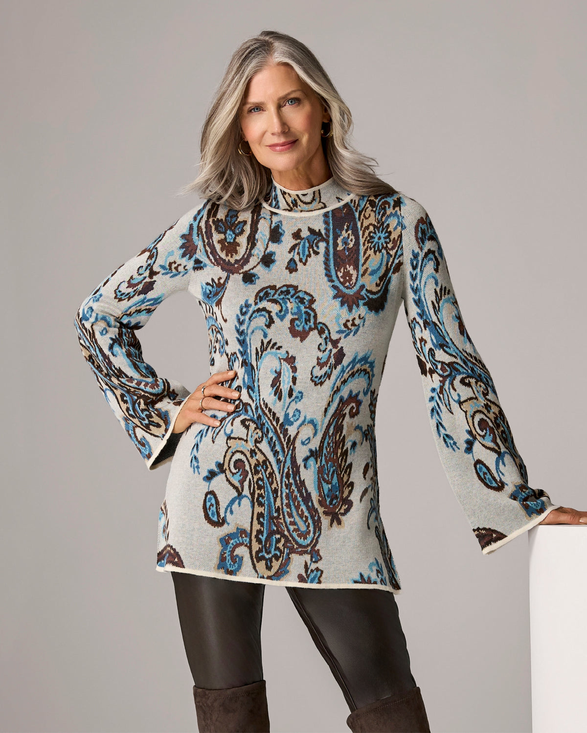 Mock Neck Intarsia Flare Sleeve Tunic West Side Paisley