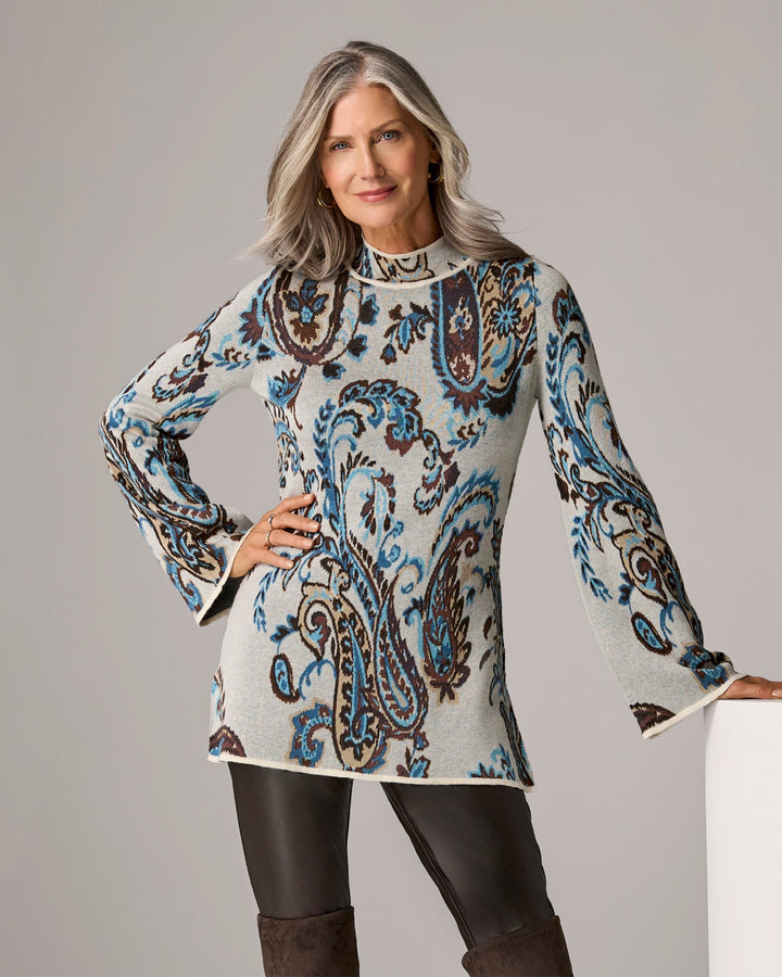 Mock Neck Intarsia Flare Sleeve Tunic West Side Paisley
