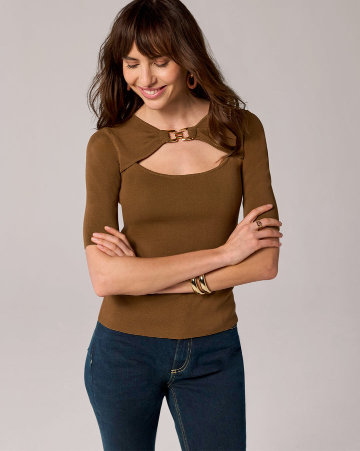 Hardware Detail Keyhole Elbow Sleeve Sweater Smokey Tobacco