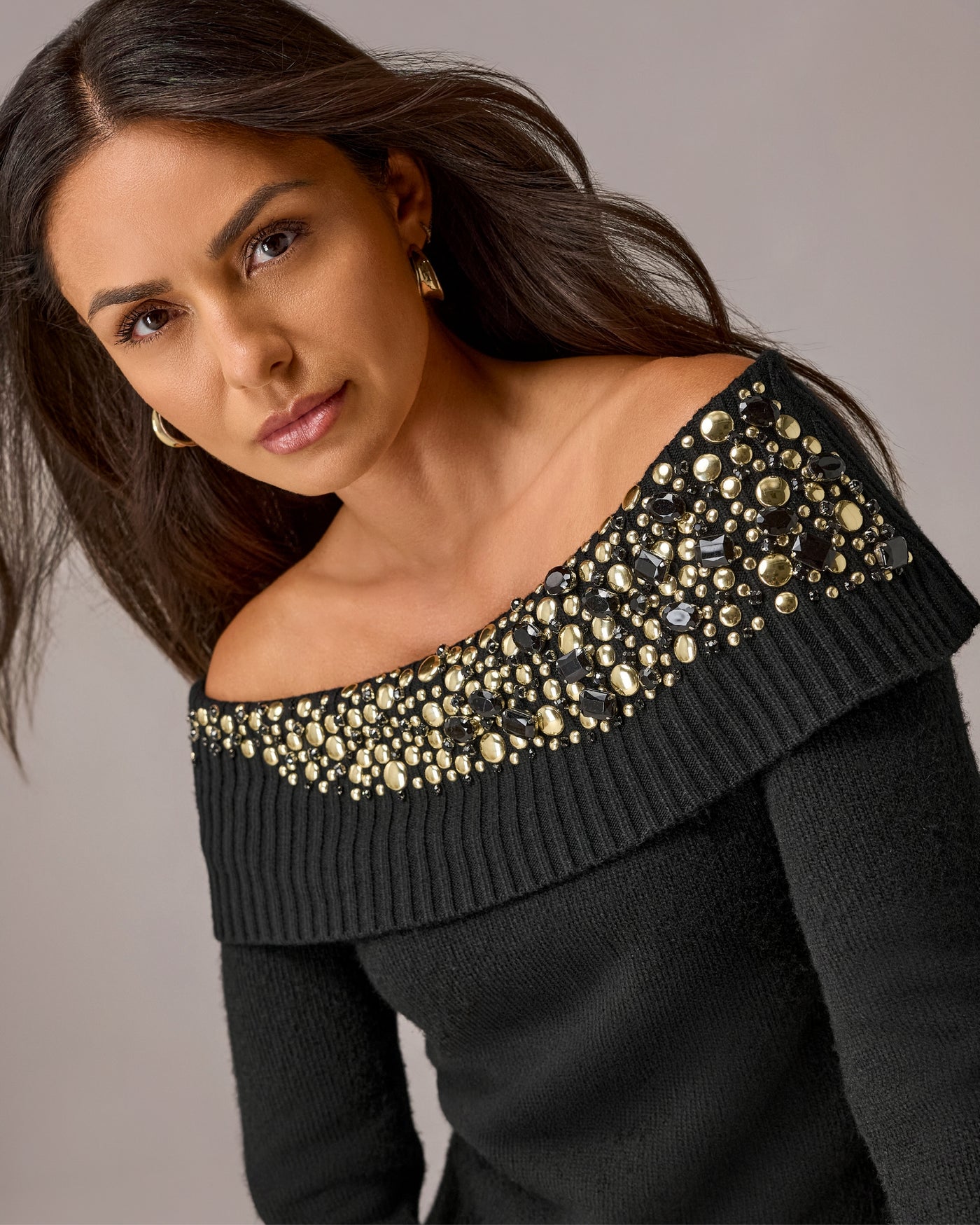 Embellished Off the Shoulder Sweater Proper Black