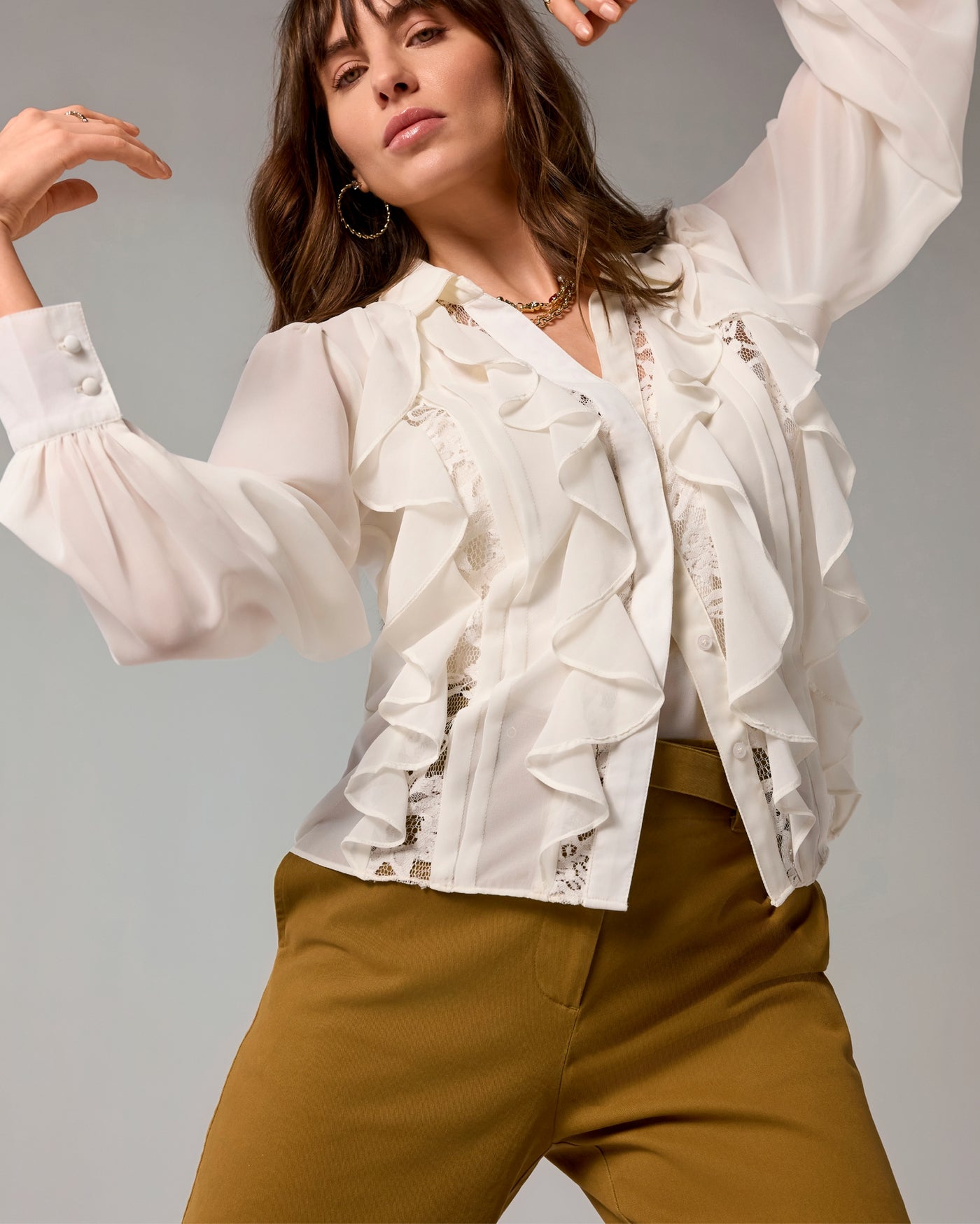Georgette Collared Ruffle and Lace Shirt Off White