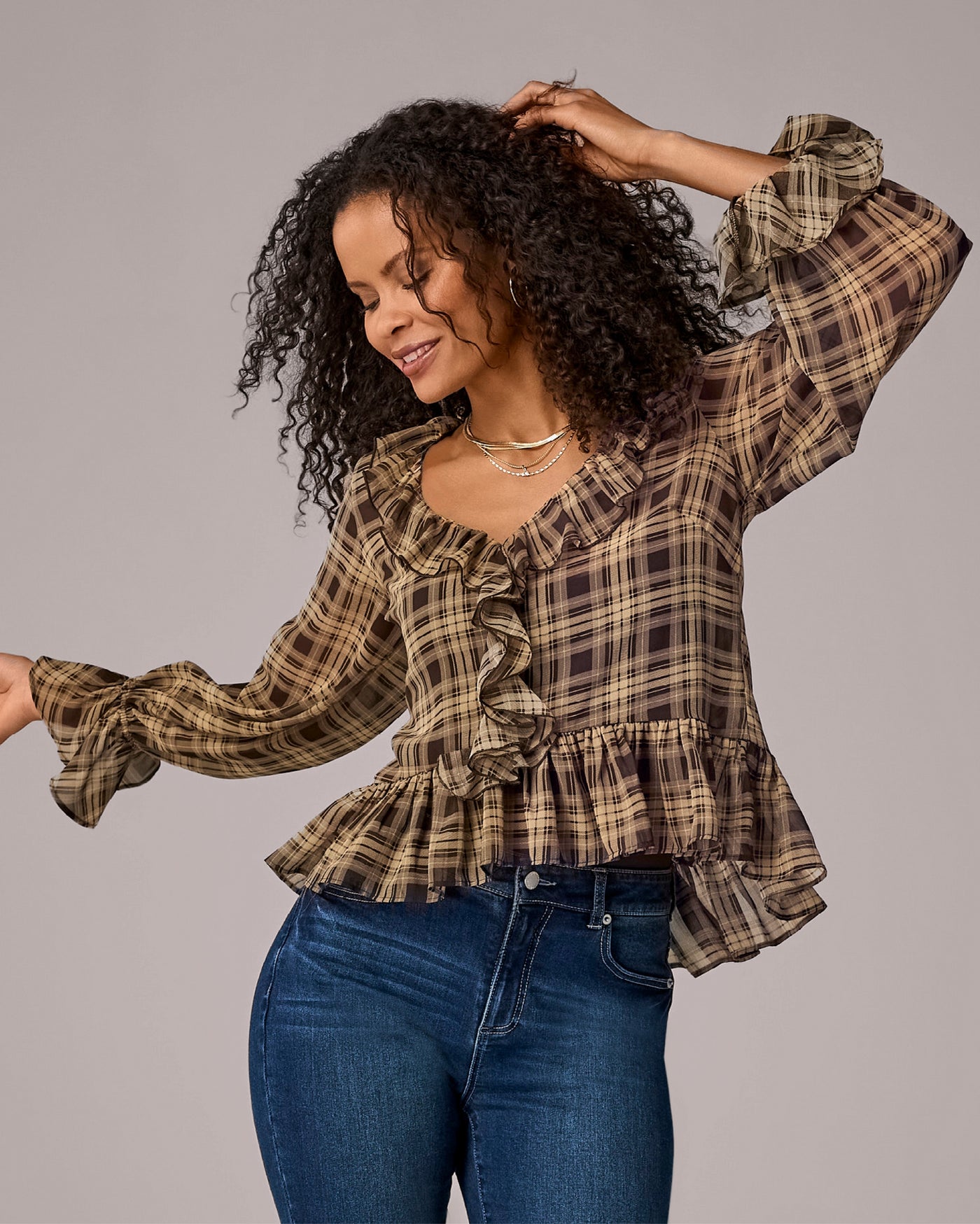 Printed Ruffle Blouse Plaid Fete