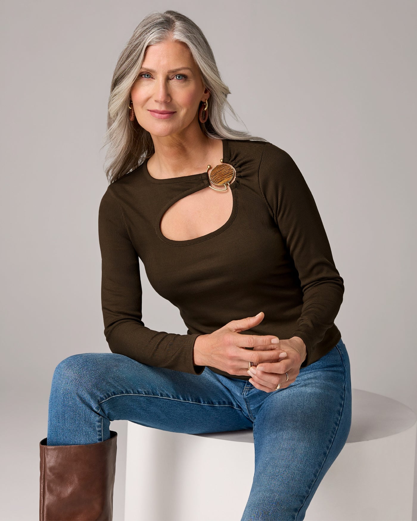 Rib Knit Top with Tiger's Eye Hardware Chocolate Torte