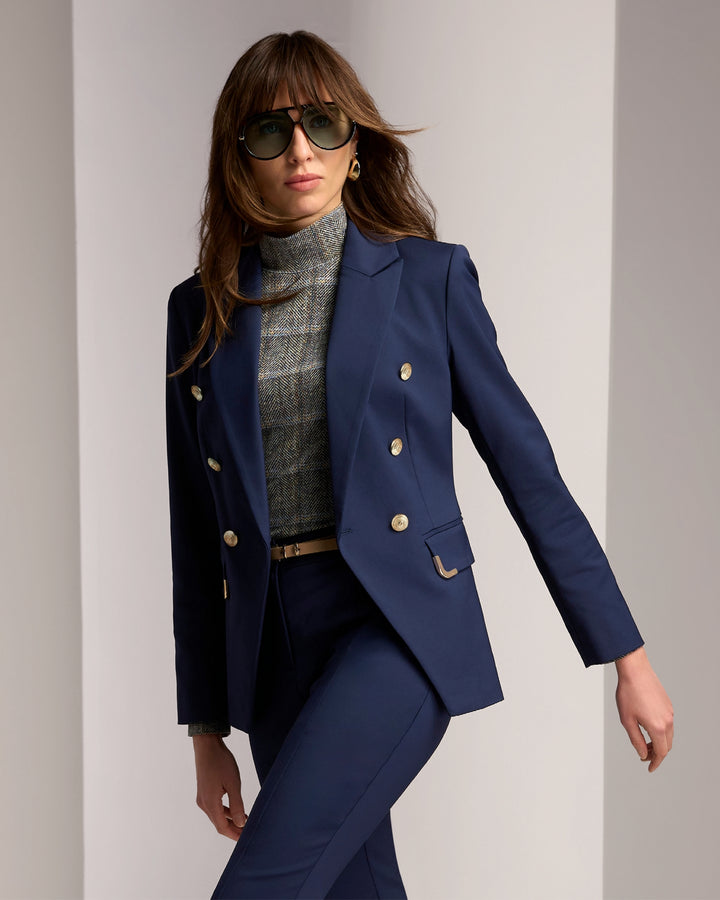 Hardware Trimmed Double Breasted Modern Blazer Navy