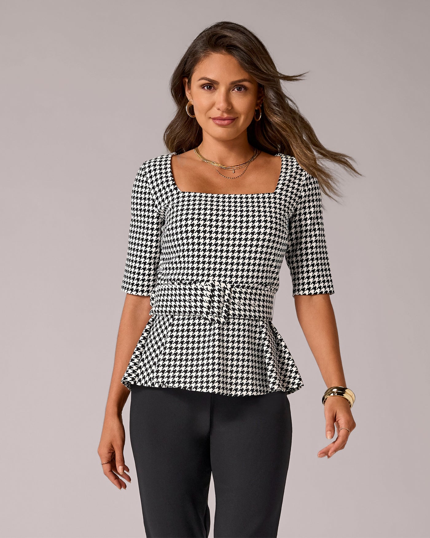 Beyond Travel houndstooth Belted Peplum Top Fashion Houndstooth