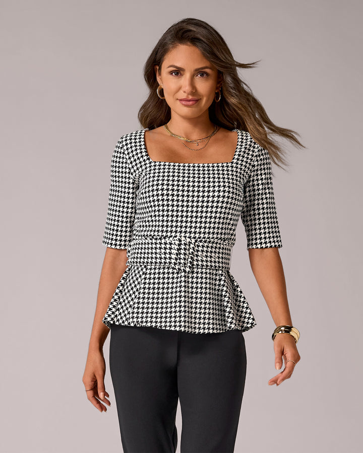 Beyond Travel houndstooth Belted Peplum Top Fashion Houndstooth