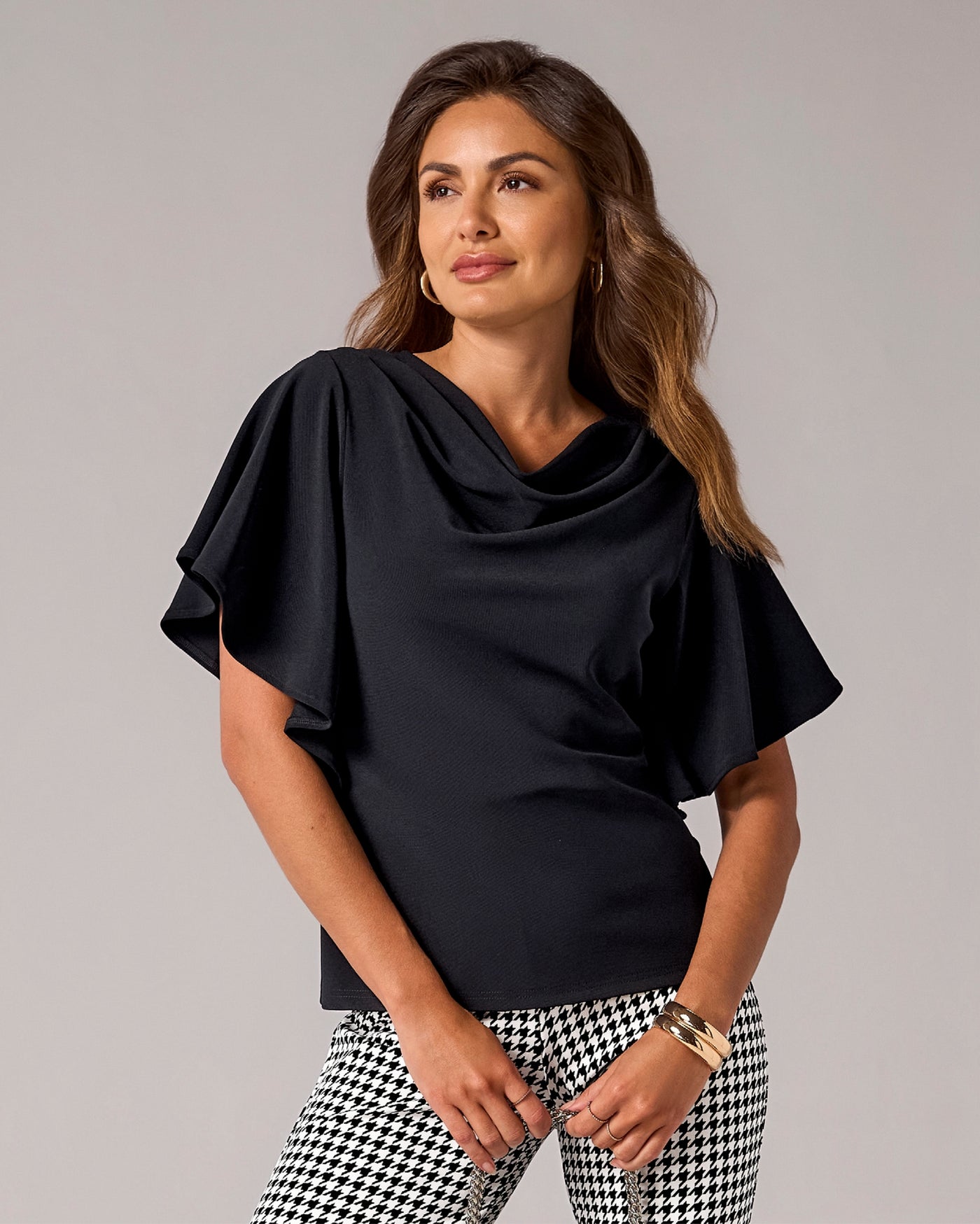 Beyond Travel Draped Short Sleeve Top Jet Black