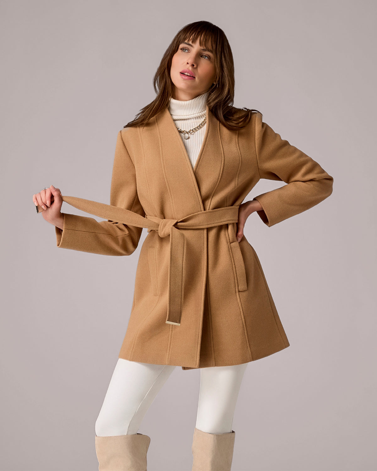Collarless Self Tie Coat Tobacco Brown