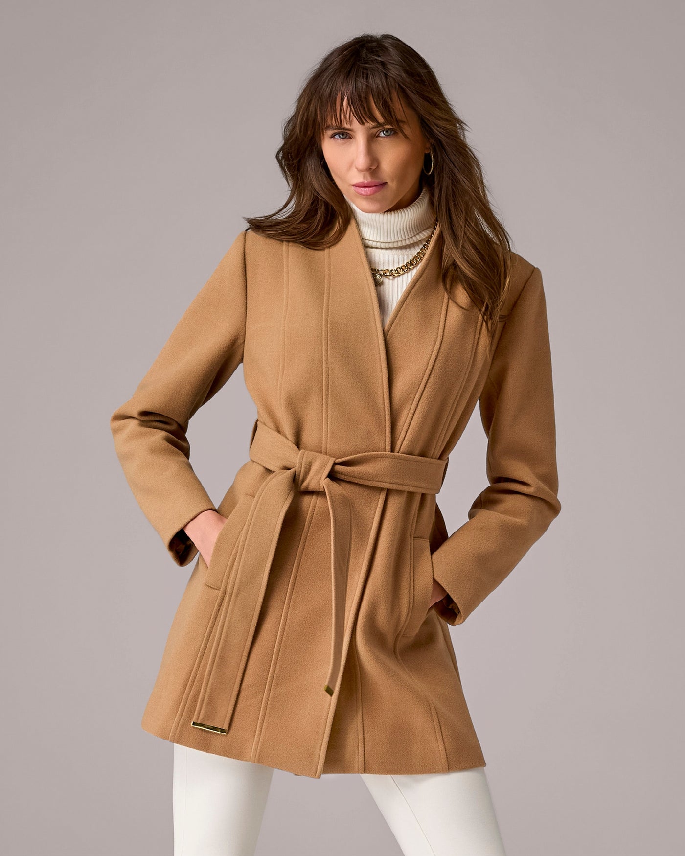 Collarless Self Tie Coat Tobacco Brown