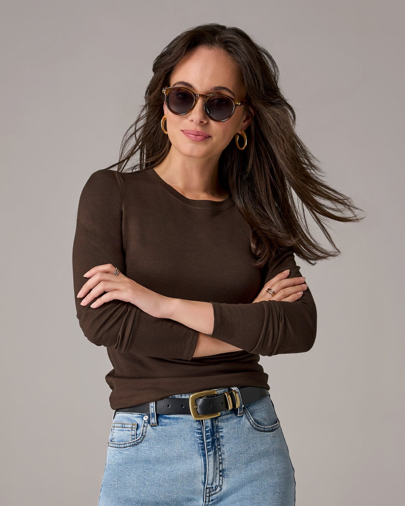 Long Sleeve Crew Neck T Shirt Safari Brown