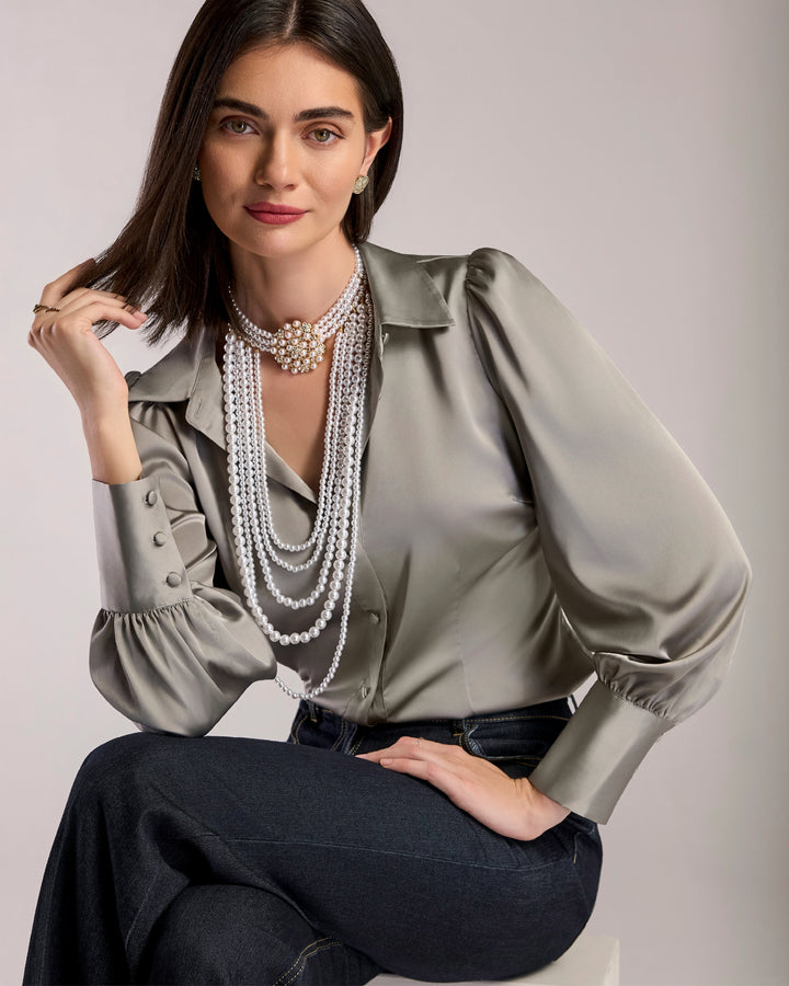 Victoria Charmeuse Chic Drama Sleeve Shirt Gray