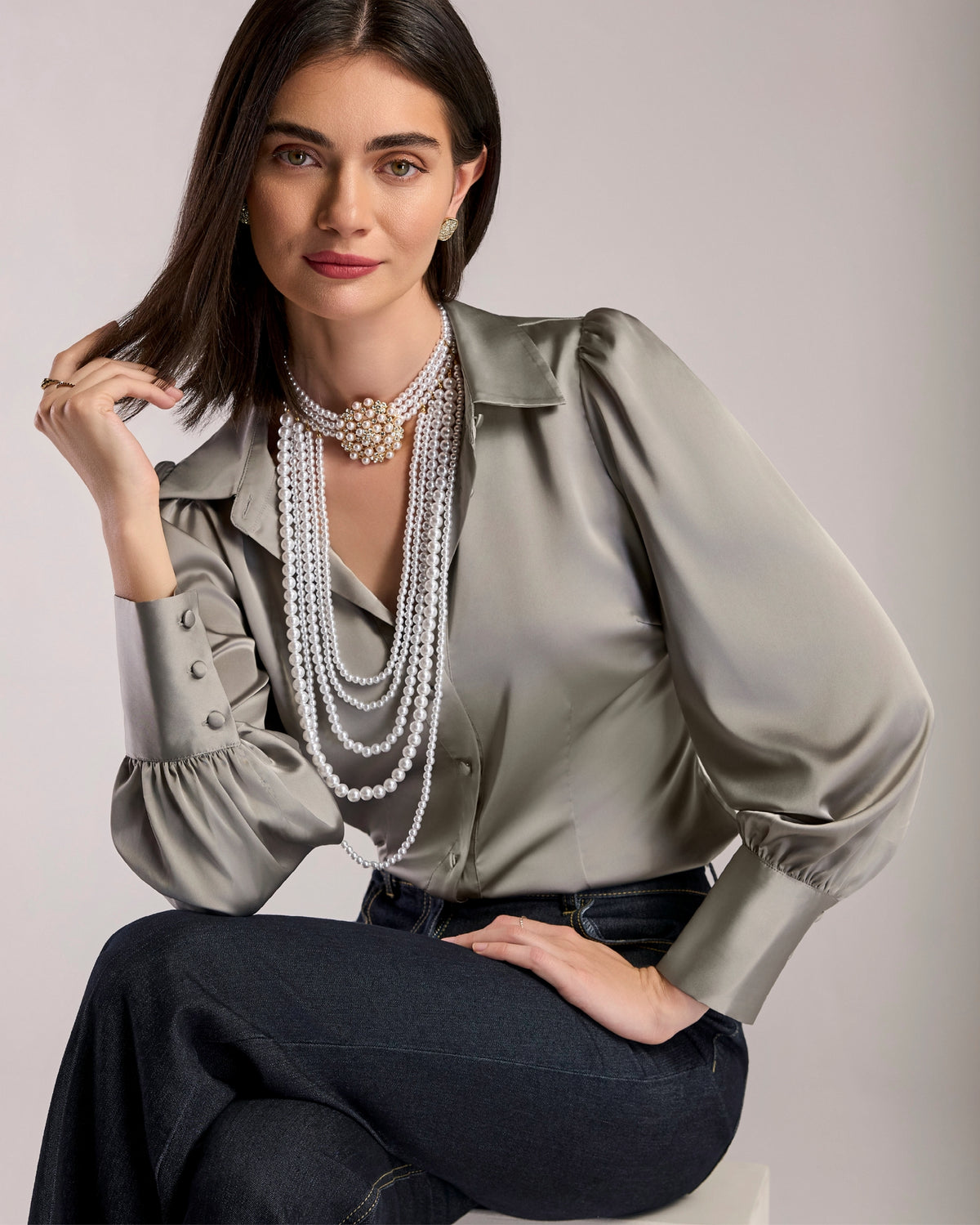 Victoria Charmeuse Chic Drama Sleeve Shirt Gray