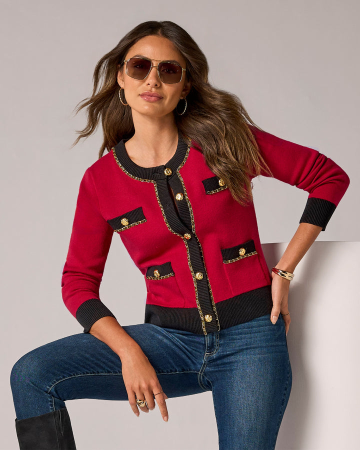 Colorblock Chain Detail Button Front Cardigan French Kiss