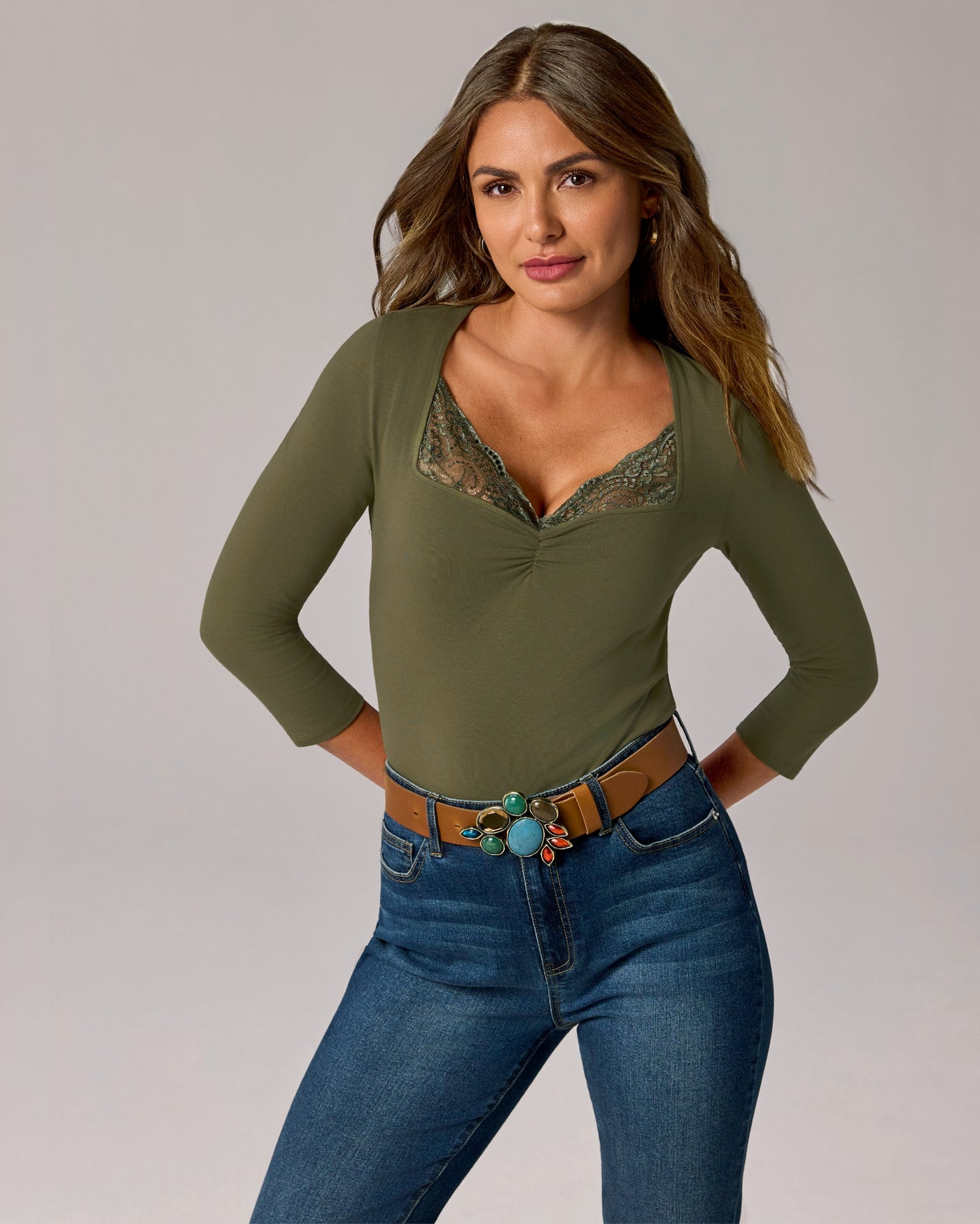 Lace Trimmed Knit Three Quarter Sleeve Olive Night