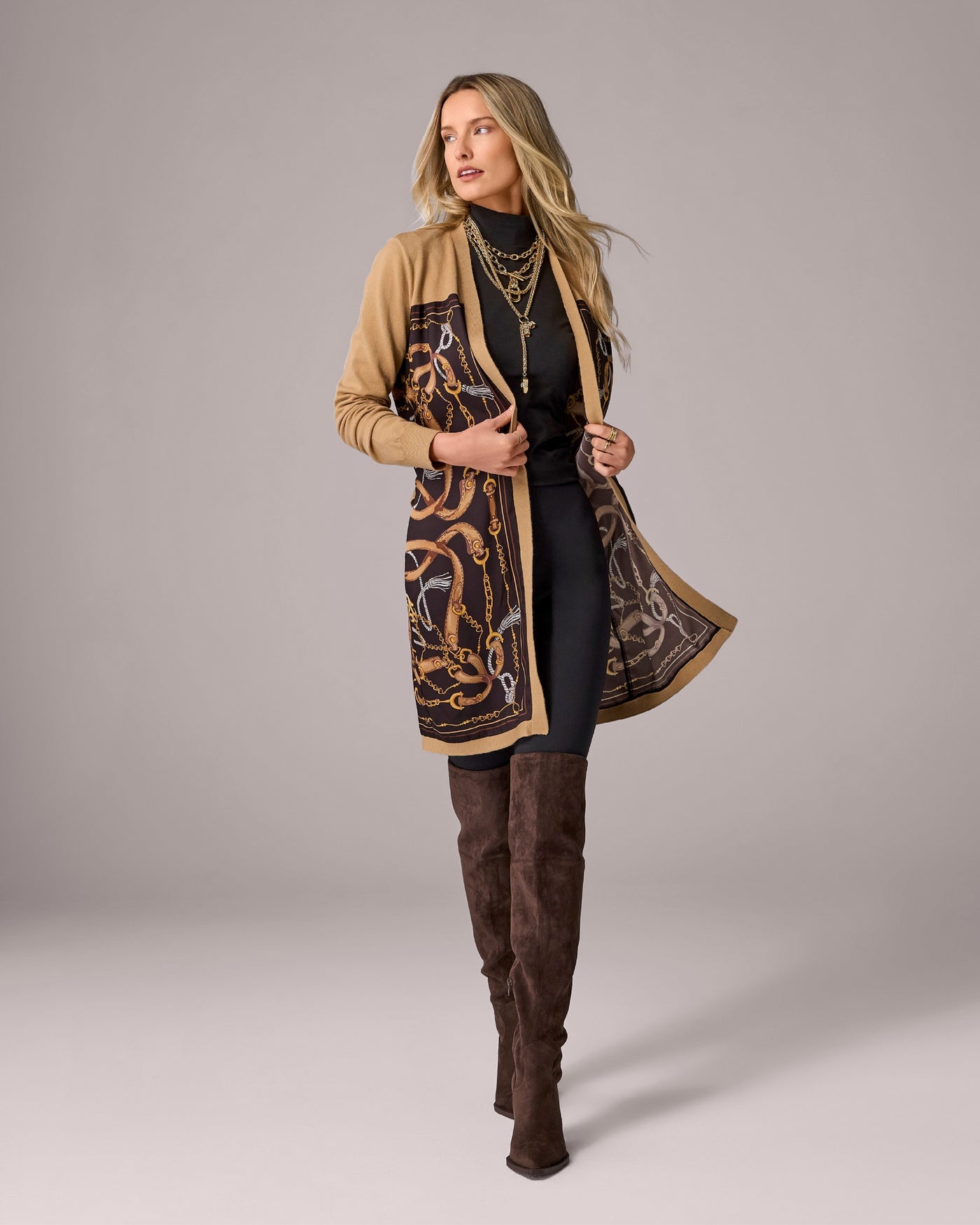 Charm Belt Print Mixed Media Sweater Duster Staple Status