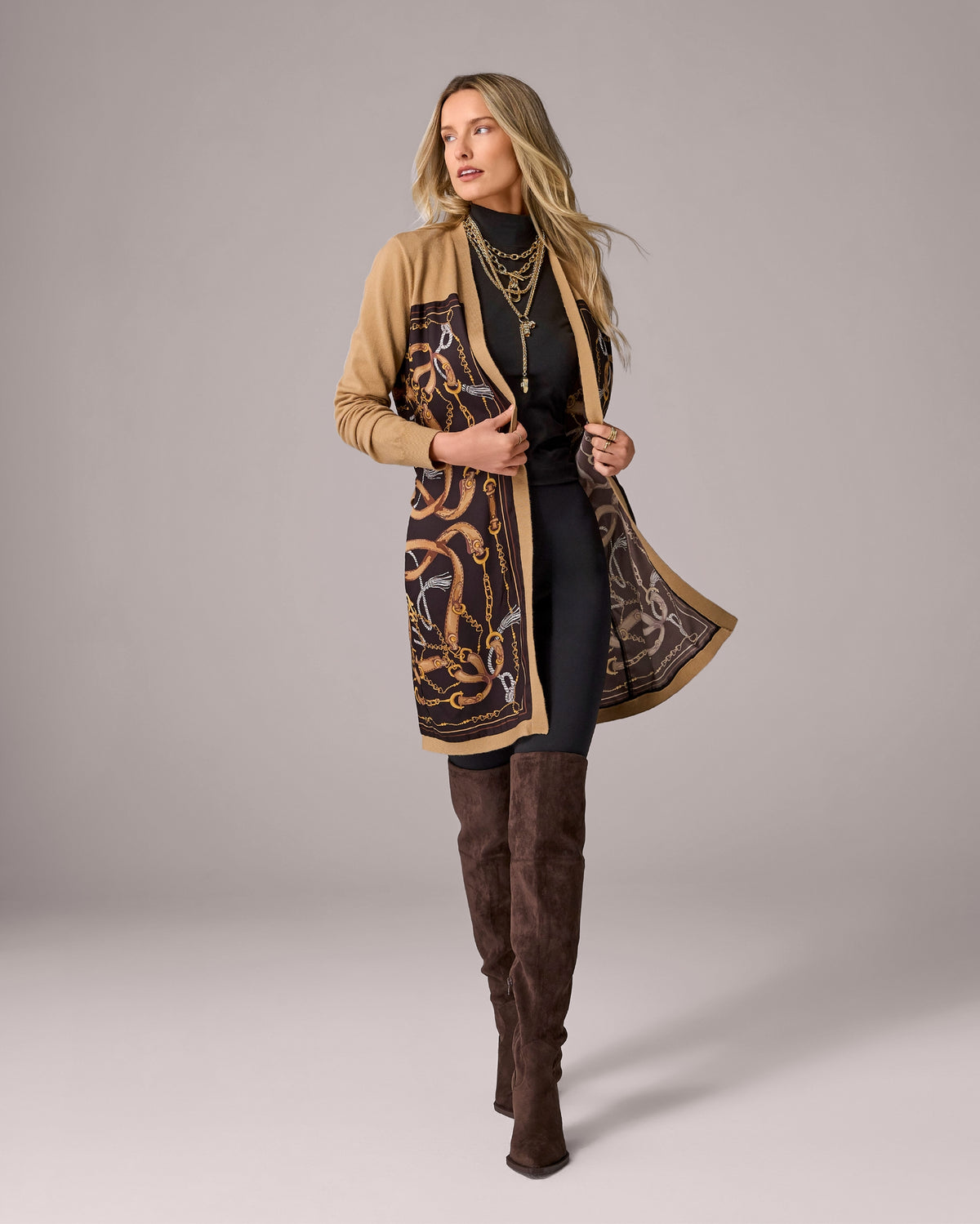 Charm Belt Print Mixed Media Sweater Duster Staple Status