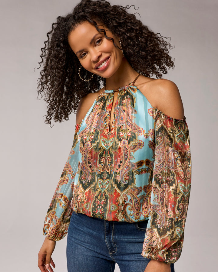 Printed Halter Keyhole Cold Shoulder Blouse Bohemian Scroll