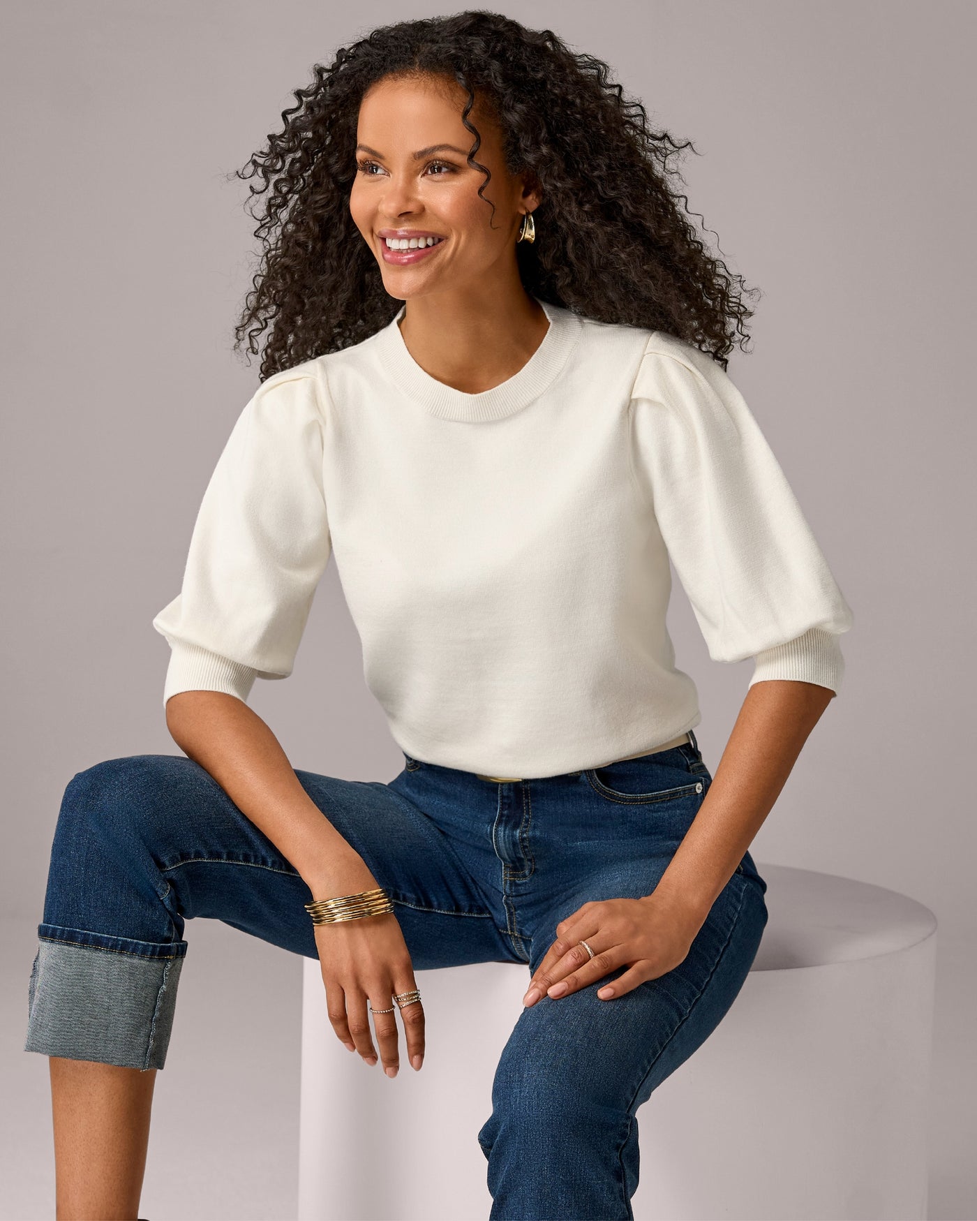 Puff Elbow Sleeve Sweater Top Off White
