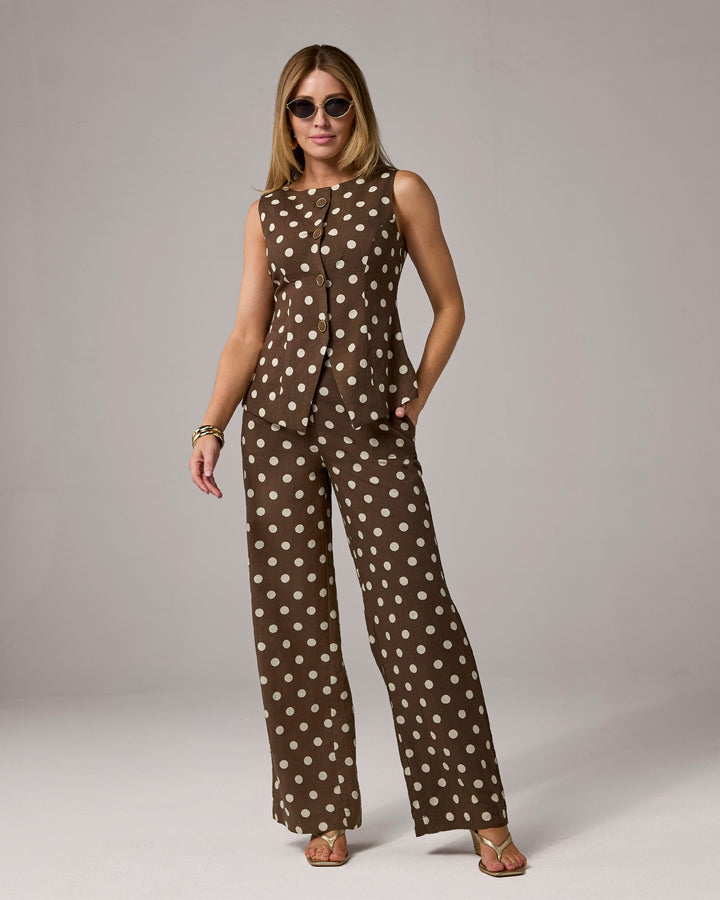 Elevated Linen Printed Wide Leg Trouser Pant Chocolate Dot