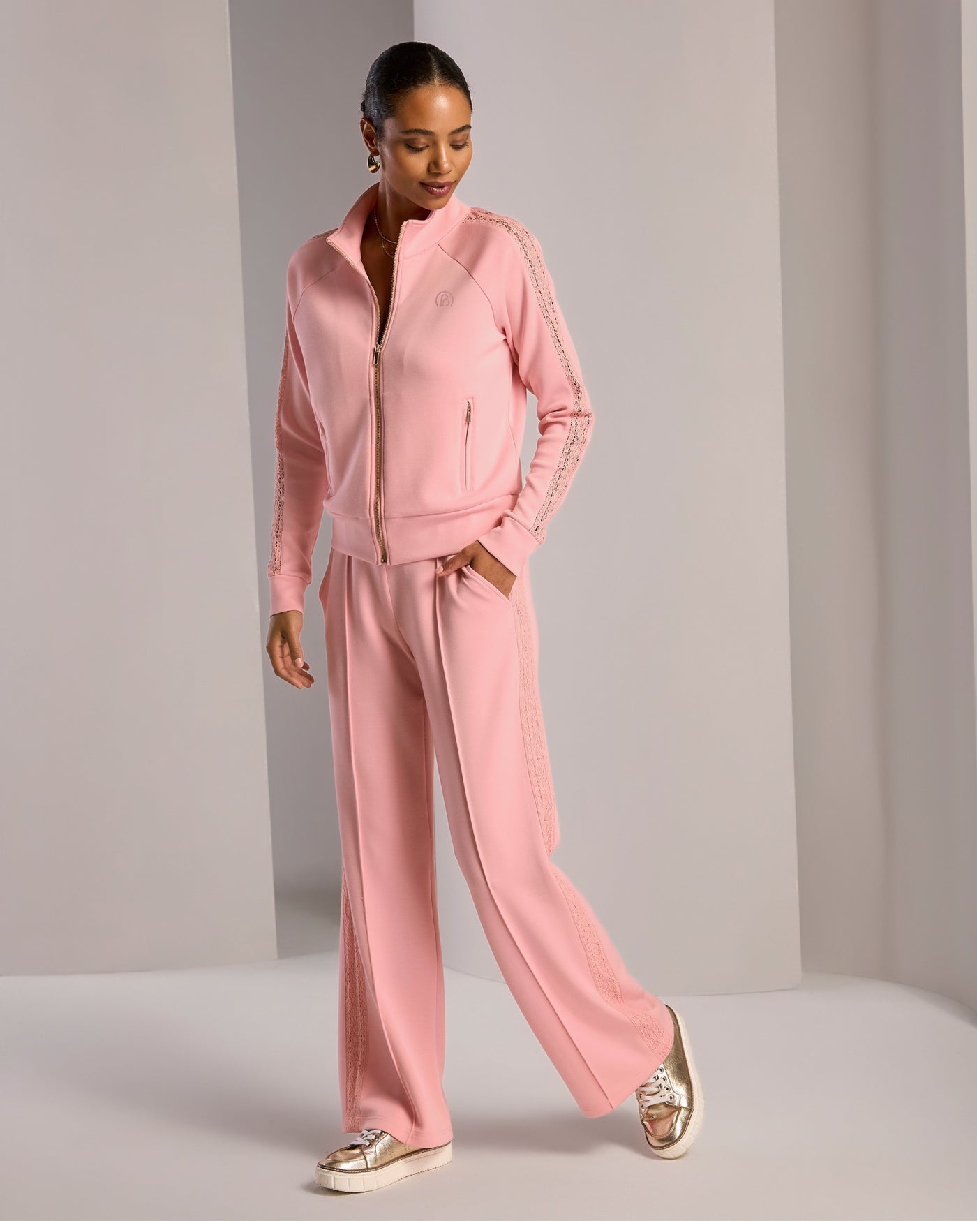 Lace Inset Luxe Lounge Track Set Coral Blush