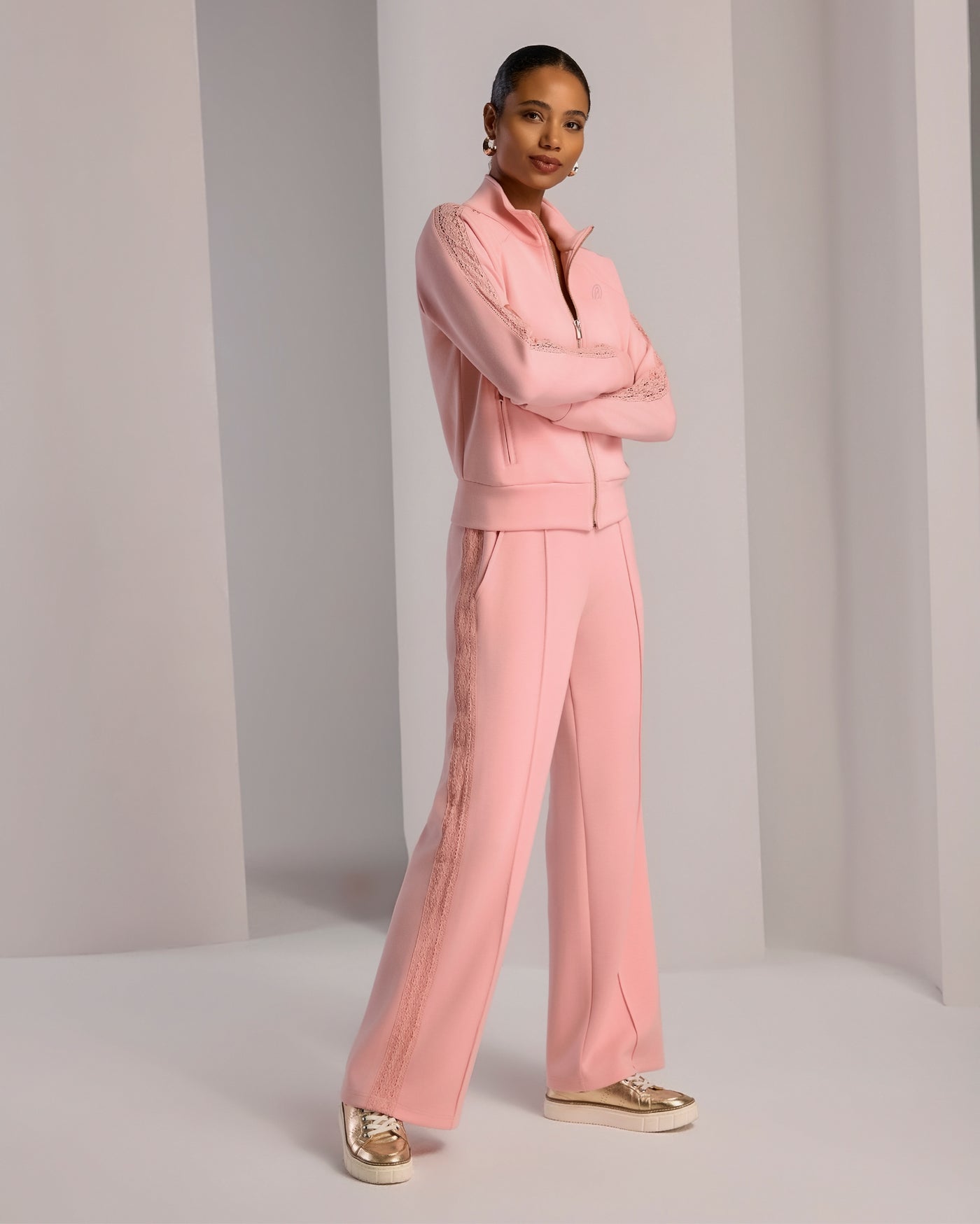 Lace Inset Luxe Lounge Track Set Coral Blush