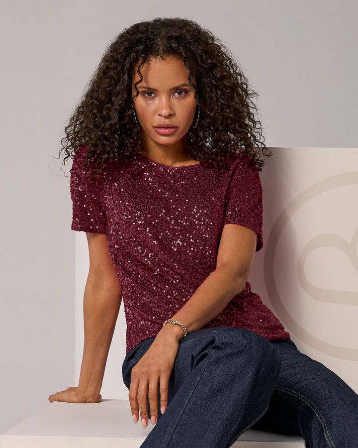 Short Sleeve Sequin Top Windsor Wine
