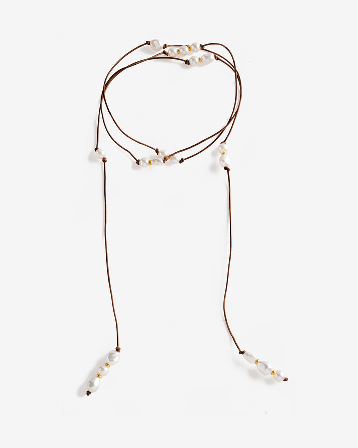 Pearl Cord Wrap Necklace Brown/White