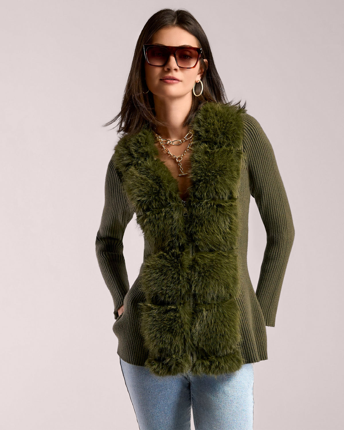 Channeled Faux Fur Detail Zip Up Sweater Olive Night