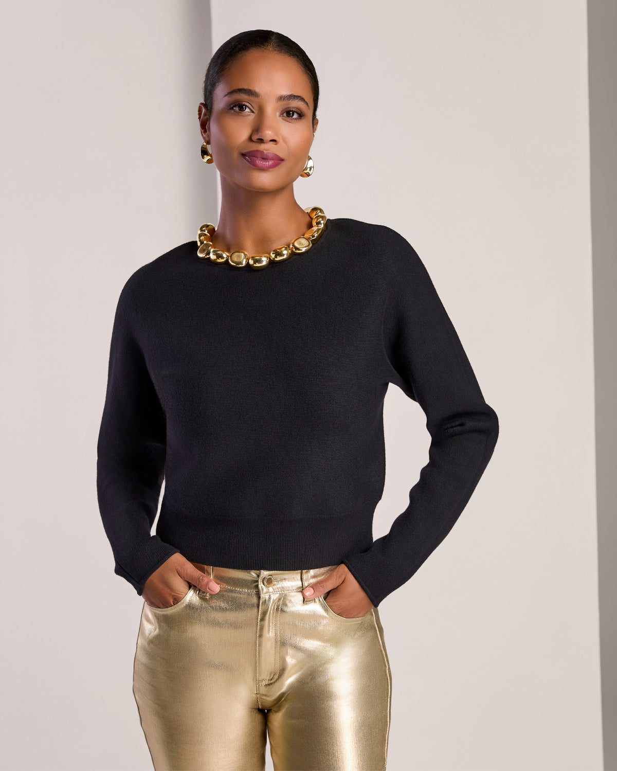 Necklace Trim Sweater Top Black