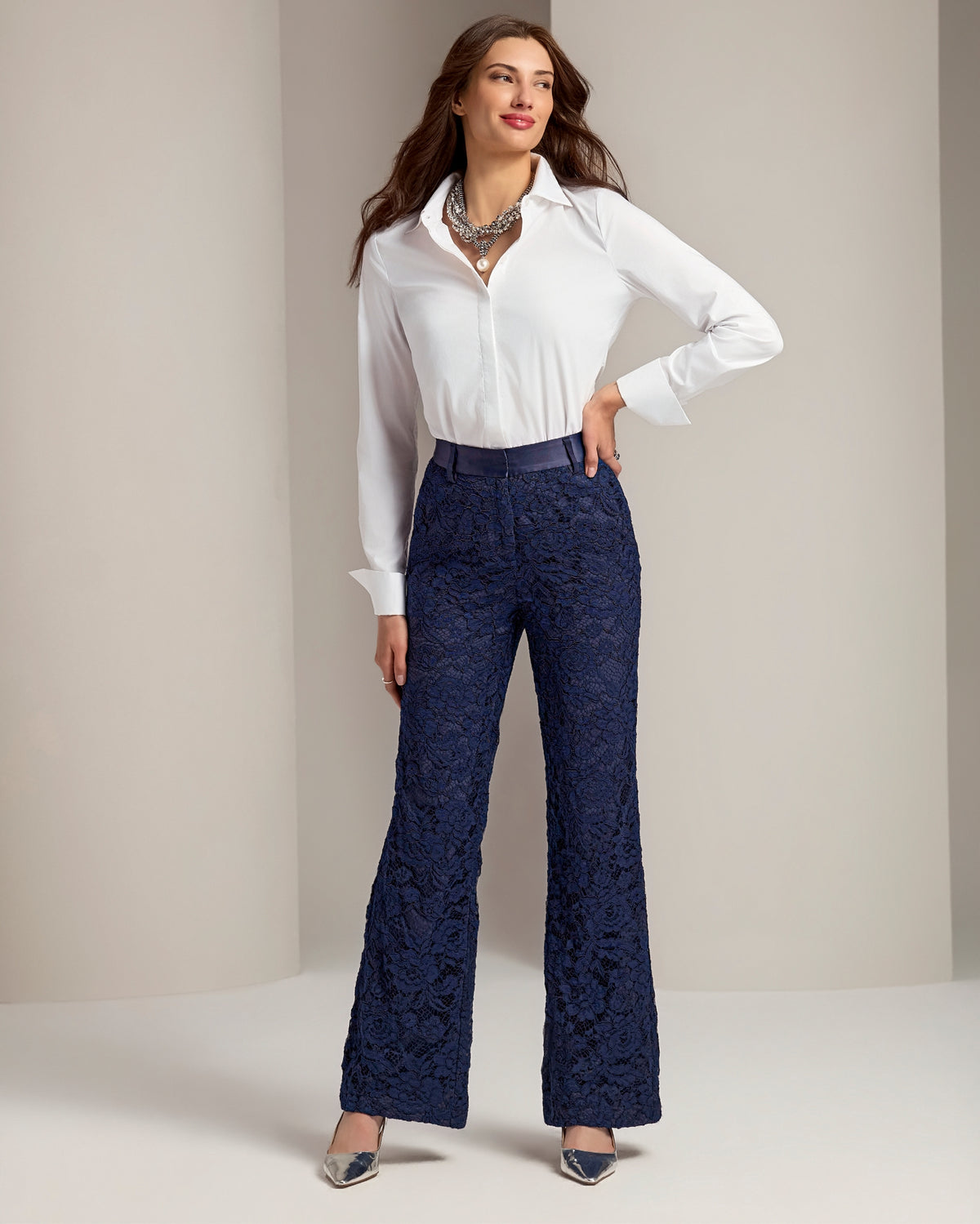 Mixed Media Lace & Satin Wide Leg Trouser Pant Navy