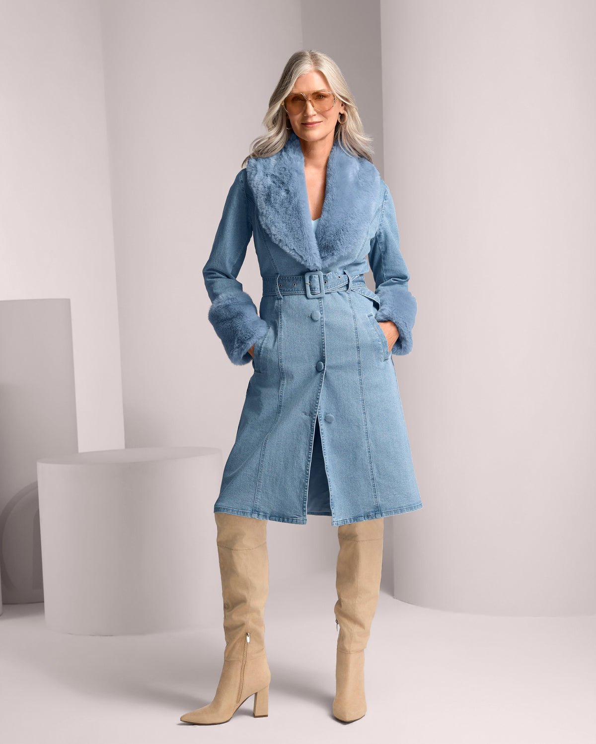 Fur Trimmed Denim Trench Denim/Medium Wash