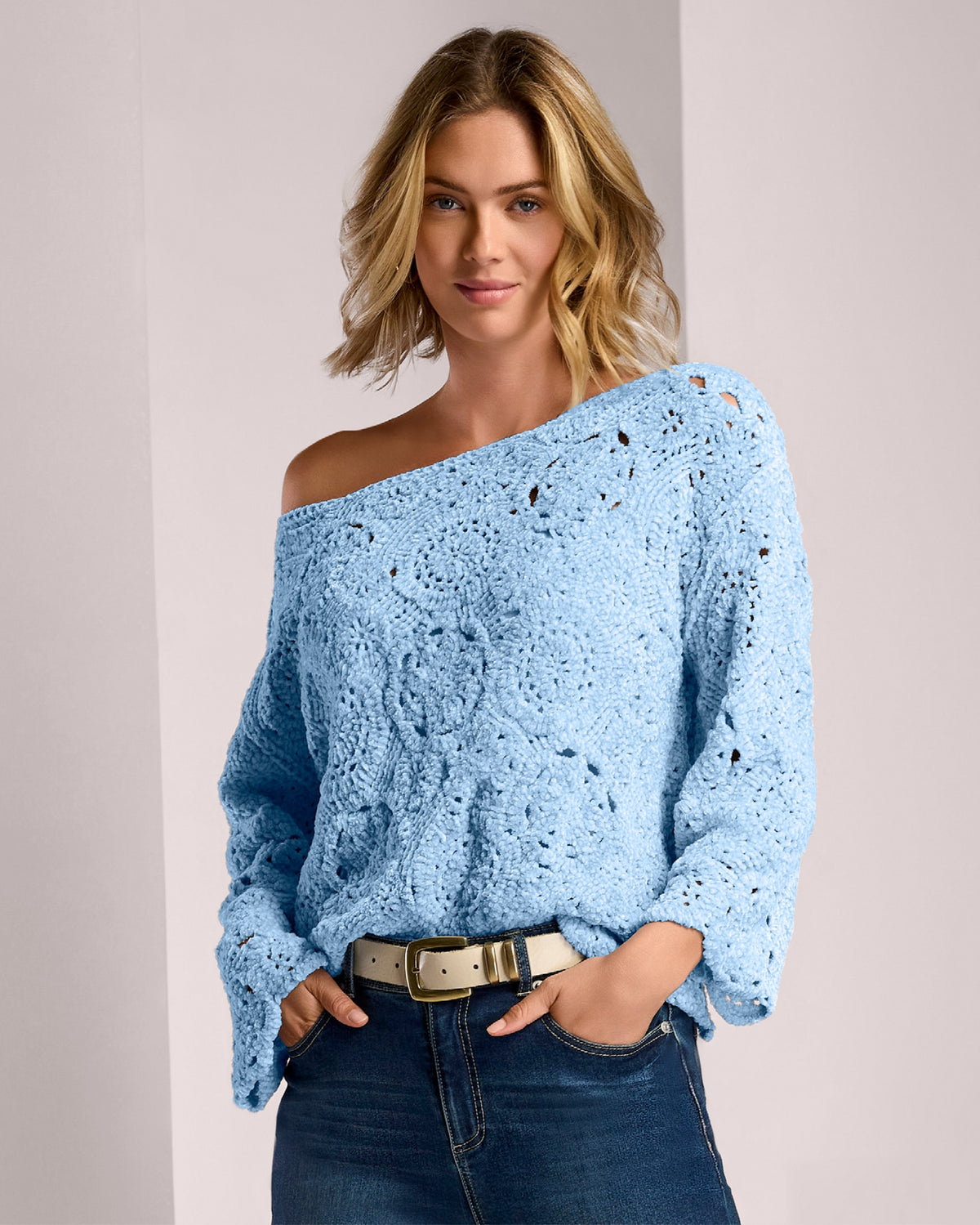 Chenille Crochet Boatneck Pull Over Sweater Airy Blue