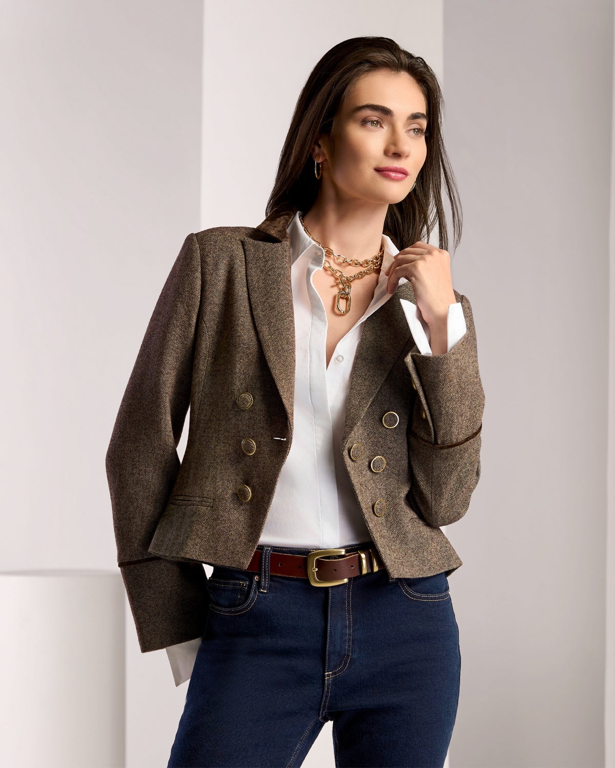 Cropped Tweed Blazer Brown Multi