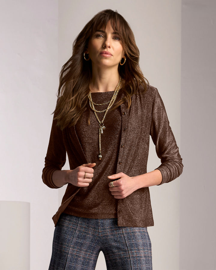 Shimmer Button Up Top Bronze Metallic