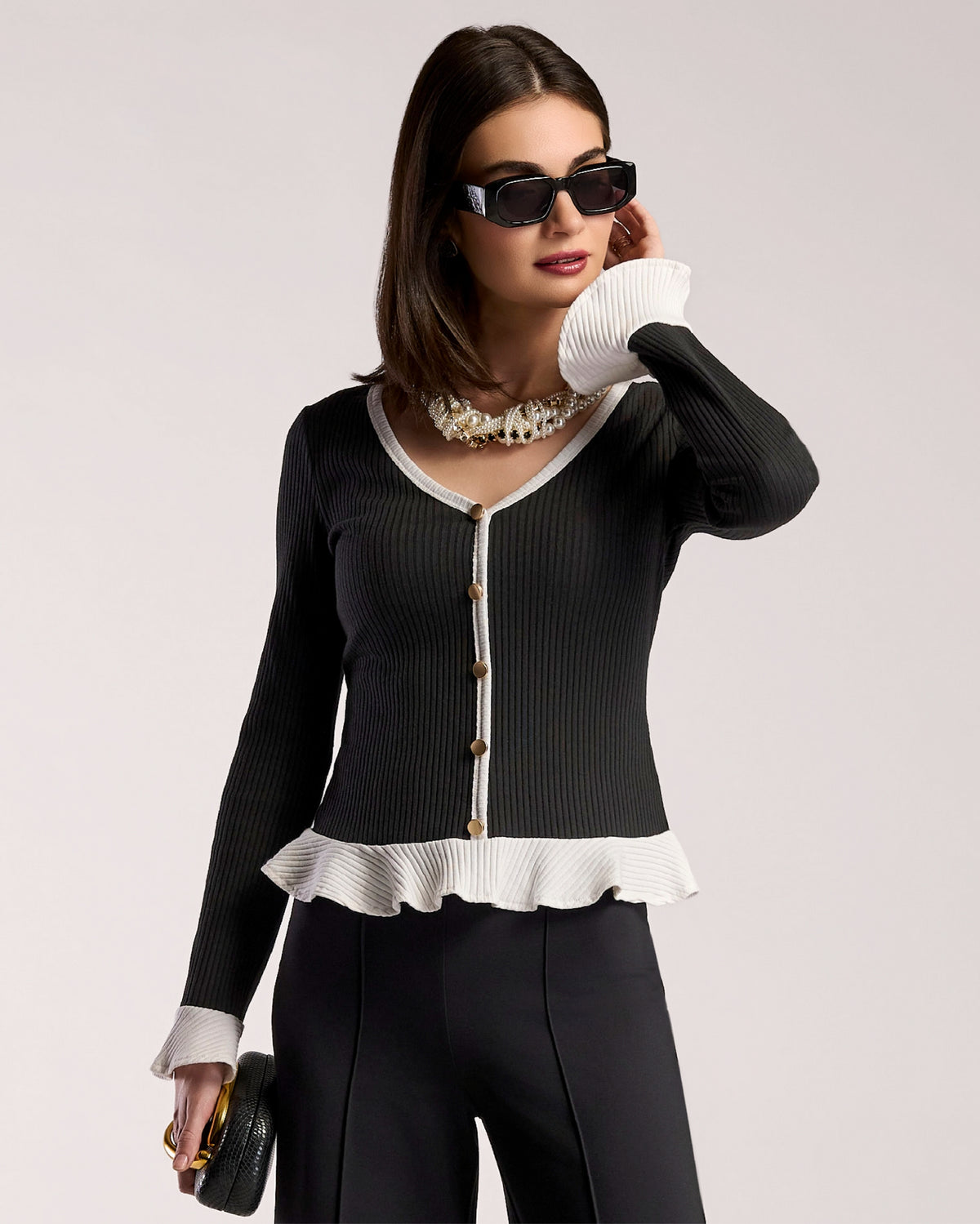 Contrast Button-Detail Ribbed Ruffle Pullover Proper Black/Off White